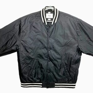 TNA Bomber Jacket Mens Large Black Snap Button Satin Letterman Relaxed Aritzia